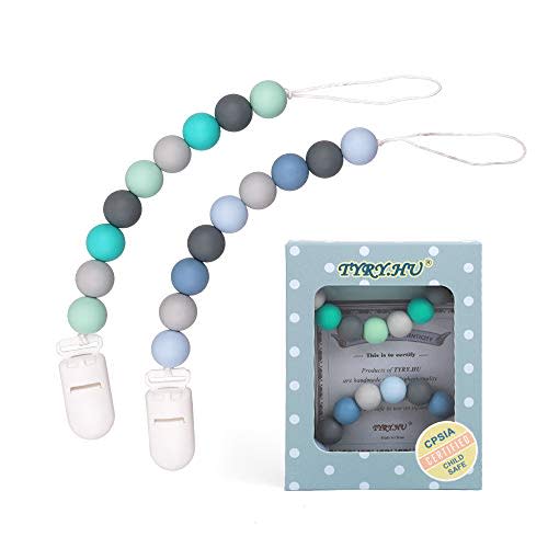 Pacifier Clip, TYRY.HU Silicone Teething Beads Binky Holder Soothie Teether Clips for Baby Boys or Girls, 2 Pack (Green+Blue)