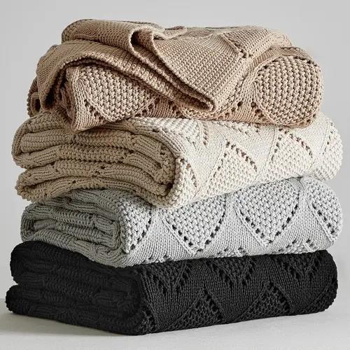 Hollowing out Cotton Cable Knit Throw Blanket for Couch Sofa Chair Bed Home Decorative, Bold Thread,5.2 Pounds 60 x 80 Inch Woven Throw Blankets with Bonus Laundering Bag,Beige