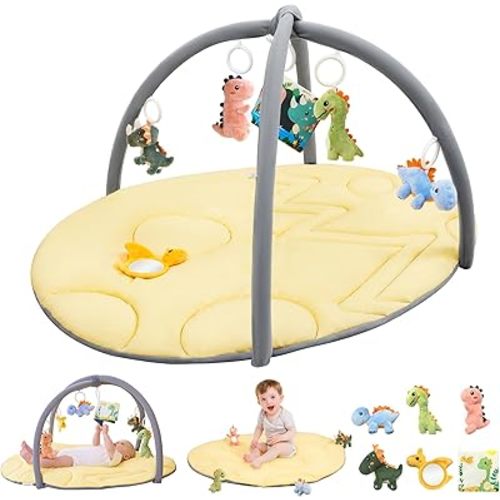 Baby Play Gym Mat, Dinosaur Egg Shped Tummy Time Activity Mat with 6 Detachable Toys for Tollder Sensory & Motor Skill Development, Newborn Infant Baby Essentials Gift