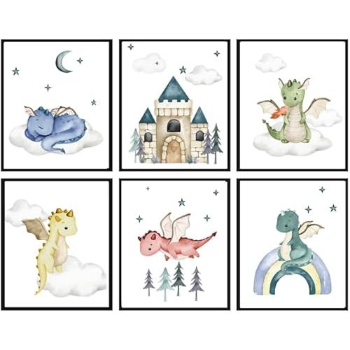 Zaiphany Baby Dragon Pictures Wall Art Decor 8x10 for Kids Room,Baby Dragon Wall Art Set Decor for Nursery Room,UNFRAMED