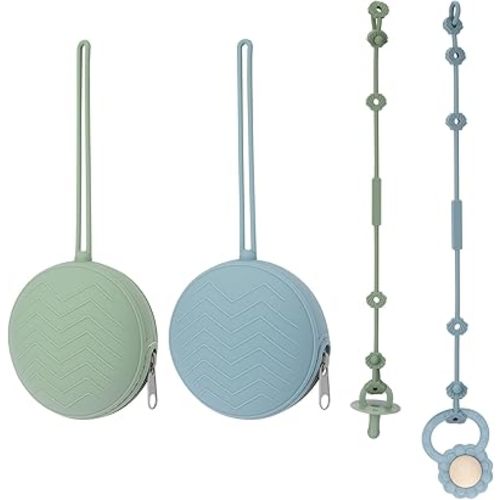 2 Pack Silicone Pacifier Holder Case & Toy Safety Straps, BPA-Free Silicone Newborn Pacifier Pouchs for Baby Boys & Girls, Portable Silicone Pacifier Container Case (Sage/Ether)