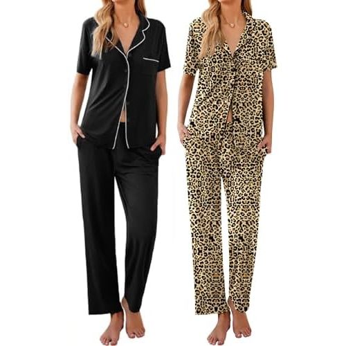 Ekouaer 2 Pack:Womens Pajamas Short Sleeve Pjs Notch Collar Button Up Loungewear Cozy Sleepwear Sets