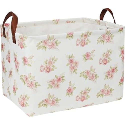 Rectangular Pink Flower Basket for Girls,Kids Toys Storage Bin with Handles,Baby Room Decor,Gift Basket(Pink Flower)