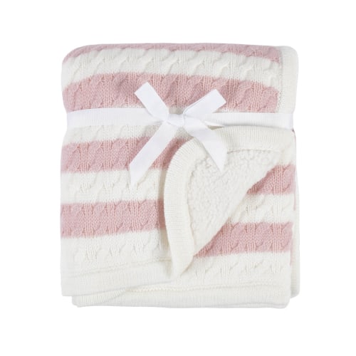 Modern Moments by Gerber Baby Boy or Girl Cable Knit Blanket with Sherpa, Pink Stripes