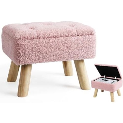Storage Ottoman, Small Foot Stool Ottoman with Storage, Boucle Teddy Velvet Foot Rest with Padded Seat, Sturdy Wood Legs Stool for Living Room, Bedroom, Couch, Enterway (Pink)