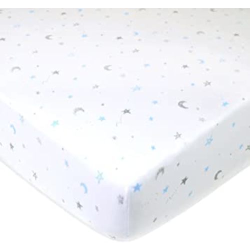 TL Care Fitted Crib Sheet 28" x 52", Soft Breathable Neutral 100% Cotton Jersey Sheet, Blue Stars and Moon, for Boys and Girls, Fits Crib and Toddler Bed mattresses