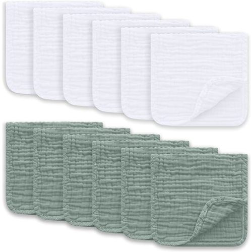 Muslin Burp Cloths Large 100% Cotton Hand Washcloths for Boys & Girls, Baby Essentials Extra Absorbent and Soft Burping Rags for Newborn Registry (White & Green, 12-Pack, 20" X10") - White and Green - 10x20 Inch (Pack of 12)