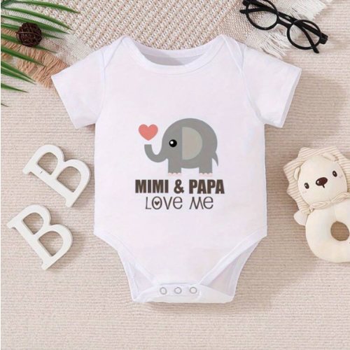 White Baby Romper With Elephant Pattern And "MIMI & PAPA Love Me" Print