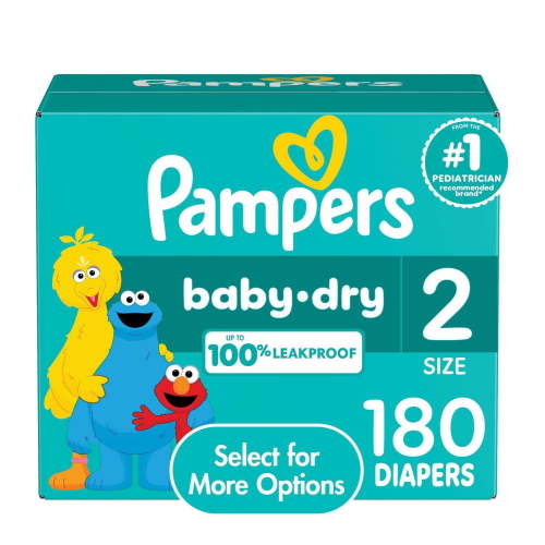Pampers Baby Dry Diapers, Size 2, 12-18 lbs, Absorbent Disposable Diapers, 180CT