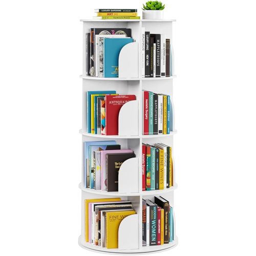 SpaceAid 4 Tier Rotating Bookshelf Tower, Spinning Bookcase Lazy Susan, Revolving 360 Book Shelf Storage Round Carousel, Vertical Rotate Turning Spiral Corner Organizer, White