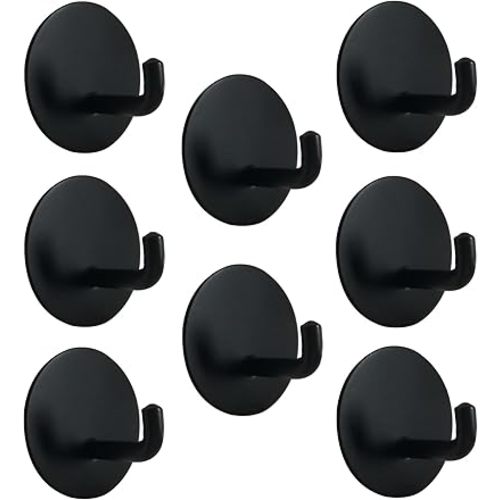 Black Adhesive Hooks - 8 Pack 15lb(Max) Sticky Wall Hooks for Hanging, Waterproof Rustproof Removable Stainless Steel Towel Hooks, Bathroom Kitchen Shower Heavy Duty Self Adhesive Hooks