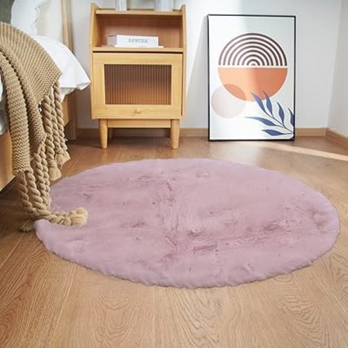 Ghouse Faux Rabbit Fur Round Rug 4ft Pink Round Rugs for Bedroom Decor Fluffy Area Rugs for Living Room, no-Shedding Carpet Sheepskin Washable Rug Rome Decor