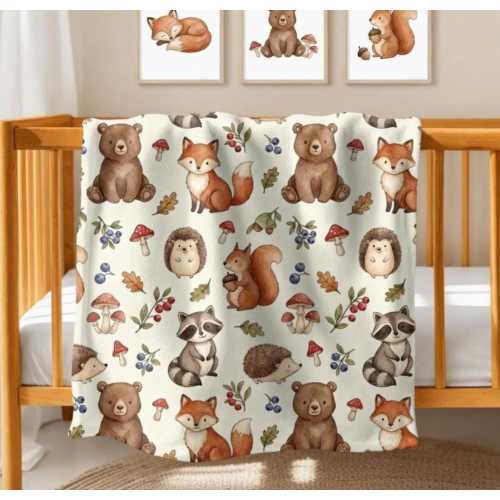 Woodland Baby Blanket, Forest Animal Nursery Throw, Nursery Crib Blanket, Gender Neutral Baby Shower Gift, Cute Woodland Decor