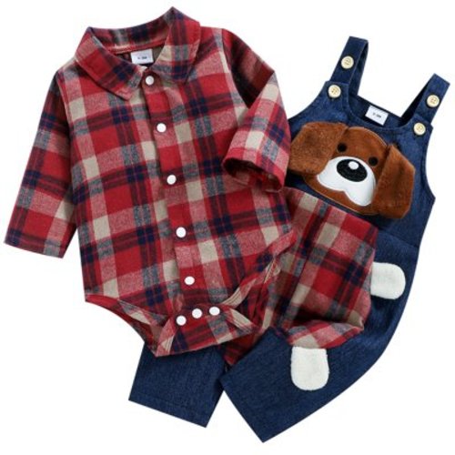 Bebiullo Spring Autumn 2Pcs Newborn Baby Boys Clothes Sets Plaid Rompers+Cartoon Dog Pattern Long Suspender Pants