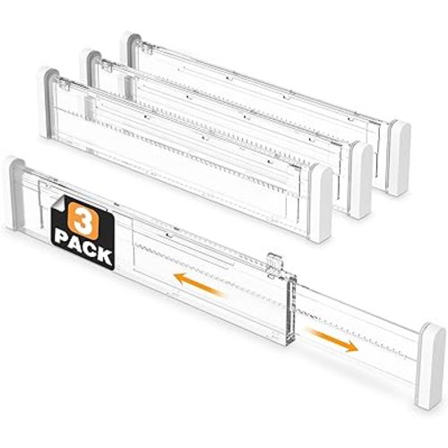 HiYZ Expandable Drawer Divider - Adjustable Drawer Organizers Separators for Kitchen Utensils, Tools, Clothes, Makeup (Clear, 3*Long Dividers)
