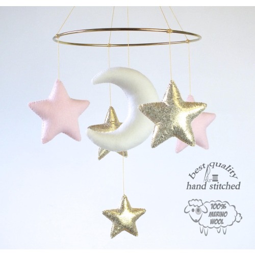 Baby Mobile, White Baby Pink Gold Baby Mobile, Baby Crib Mobile, Stars Baby Mobile, Nursery Decor, Gift Packaging