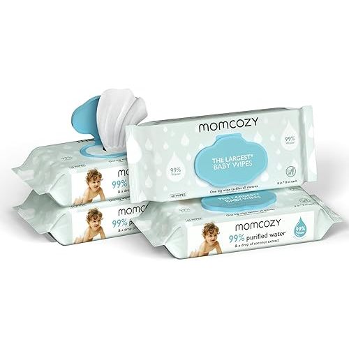 Momcozy Water Baby Wipes-Extra Large Size Design, 99% Water Based Wipes, Unscented & Hypoallergenic, Cleansing & Moisturizing Baby Wipes for Sensitive Skin, 240 Count (4 packs)