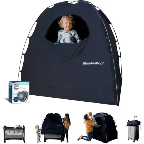 SlumberPod Portable Privacy Pod Blackout Canopy Crib Cover, Sleeping Space for Age 4 Months and Up, Pack n Play Blackout Cover, Baby Travel Crib Canopy (Navy with Fan 3.0)