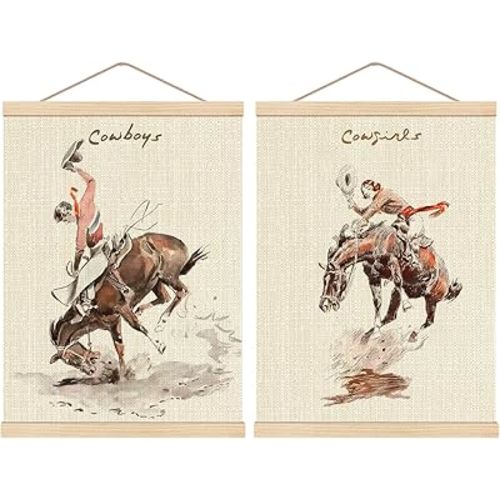 HKTZM Western Nursery Cowboy Cowgirl Wooden Poster Hanger Frame 12.5×17 Inch,Vintage Funky Western Cowboy Hanging Frame Decor For Bedroom Living Room,Set of 2
