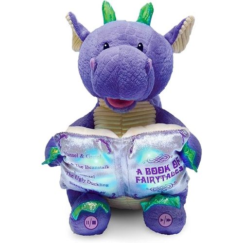 Cuddle Barn | Dalton The Storytelling Dragon 12" Animated Stuffed Animal Plush Toy | Mouth Moves, Head Sways and Book Lights Up | Recites 5 Fairy-Tales