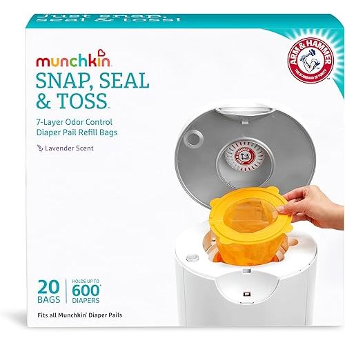Munchkin® Arm and Hammer Diaper Pail Snap, Seal and Toss Refill Bags, Holds 600 Diapers, White 20 Count