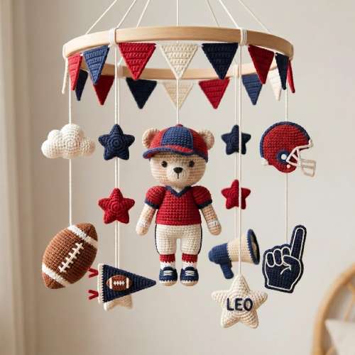 Personalized Football Bear Baby Mobile Crochet Nursery Decor, Custom Name Sport Crib Mobile, American Football Montessori Toy, Boy Room Gift