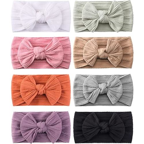 jollybows 8pcs Nylon Headbands for Baby Girls Infant Baby Bows Newborn Hairbands Toddler Hair Bow Elastics Head Wraps