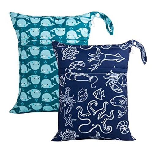 ALVABABY 2pcs Cloth Diaper Wet Dry Bags Waterproof Reusable with Two Zippered Pockets Travel Beach Pool Daycare Soiled Baby Items Yoga Gym Bag for Swimsuits or Wet Clothes LX-SW1821 - marine Animal