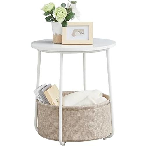 VASAGLE End Table, Small Bedside Table with Fabric Basket, Modern Nightstand, Round Side Table, for Living Room, Bedroom, Matte White and Camel Brown ULET223W10