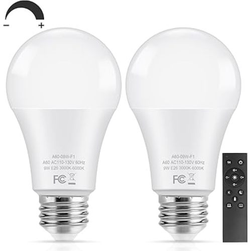TOBUSA A19 LED Light Bulbs with Remote, 9W LED Bulbs 60W Equivalent, 3000K-6000K Dimmable Bulbs with E26 Base, 800 Lumens Light Bulbs with Timing, Memory Function, Ideal Lighting for Home, 2 Packs
