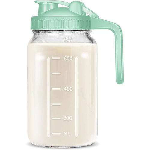 Mason Jar Pitcher, 32 OZ Breast Milk Pitcher Double Leak Proof with Pour Spout Handle, Wide Mouth Iced Tea Pitcher for Fridge, Creamer Container for Coffee, Sun Tea juice (Green,1 Pack)