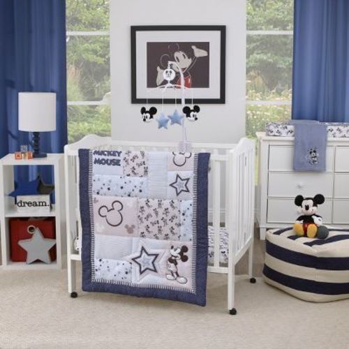 Disney Mickey Mouse Timeless Mickey Gray, White 3 Piece Nursery Mini Crib Bedding Set - Comforter And Two Fitted Mini Crib Sheets