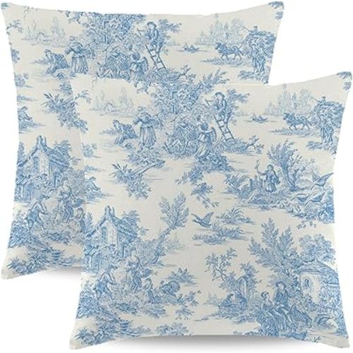 Blue Toile Pillow Covers 20x20 Inch Set of 2 Vintage French Country Throw Pillow Cover Farmhouse Square Linen Cushion Cover Decor for Home Sofa Bedroom Outdoor Indoor