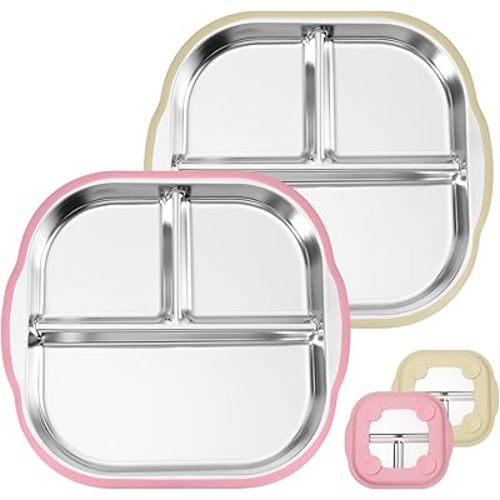 Stainless Steel Kids Plates with Suction, 9.4"X 9” Divided Baby Toddler Plates with Removable Silicone Sleeves, Non-Slip Toddler Plate Unbreakable Metal Toddler Bowls Dinnerware Set of 2 (Pink, Beige)