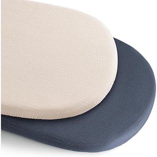 Konssy 2 Pack Muslin Bassinet Sheets for Baby Boy, 100% Cotton Soft Breathable Bassinet Mattress Sheets Fit for Hourglass Oval Cradle Rectangle Mattress (Navy,Cream)