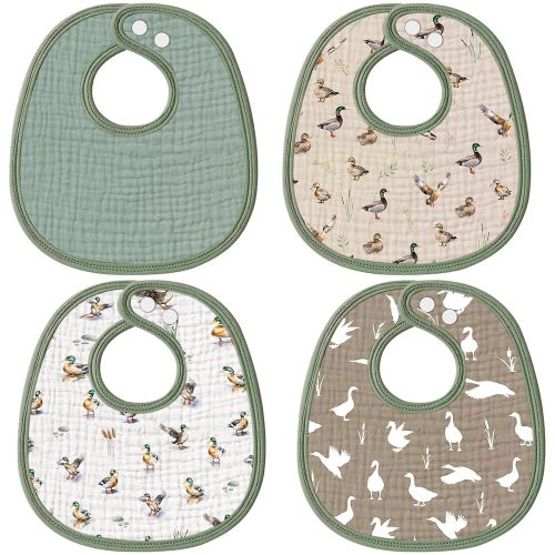 4 Piece Mallard Ducks Drooling Bibs for Baby Boys Girls, Soft Triple Layer Cotton Muslin, Adjustable Newborn Bibs for Drooling and Teething Relief, New Parent Gift Set