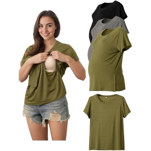 Rnxrbb Hidden Summer Nursing Tops for Breastfeeding Short Sleeve Maternity Nursing T Shirts Clothes 3 Pack Double Layer