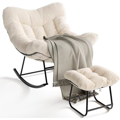 GarveeLife Oversized Papasan Rocking Chair with Ottoman and Soft Plush Cushion, Lounge Chair with Footrest and Sturdy Metal Frame, Egg Rocker for Living Room Balcony Bedroom, Beige