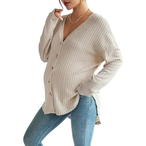 MakeMeChic Women's Maternity Long Sleeve Shirt Knit Nursing Tee Tops Button Down Shirt