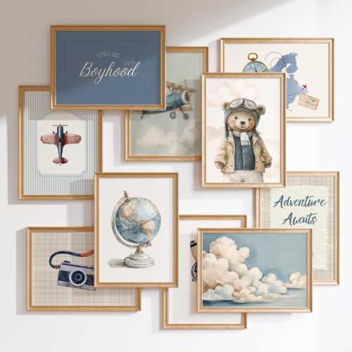 Teddy Bear Blue Gallery, Boy Navy Nursery Prints Set of 10, Vintage Airplane Print, Travel Boy Nursery,  Aviation, Sports Playroom Print