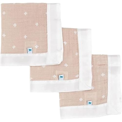 Little Unicorn Security Blankets 3 Pack | 100% Cotton Muslin with Satin Border| Super Soft and Breathable | Baby, Infant, Toddler | Lovey for Boys and Girls | Taupe Cross