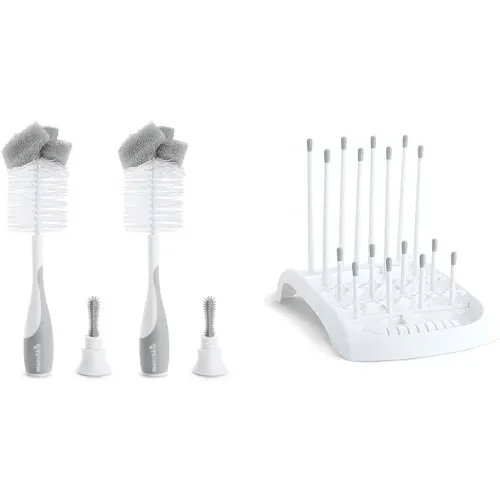 Munchkin® Sponge™ Bottle Brush, Grey, 2 Count (Pack of 1) & Fold™ Baby Bottle Countertop Drying Rack, White