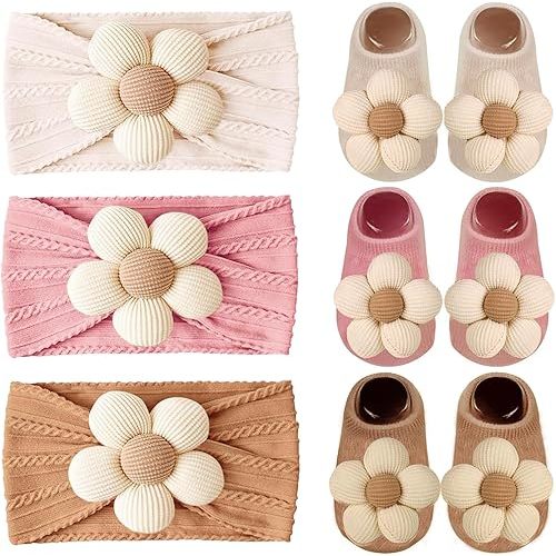 WillingTee Baby Girl Headband and Socks, Non-Slip Floral Socks and Soft Floral Nylon Hairbands for Babies Infants and Toddlers 0-12 Months