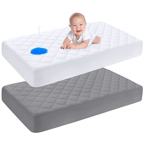 Yoofoss Waterproof Crib Mattress Protector 2 Pack, Quilted Crib Mattress Pad Cover Ultra Soft and Breathable, Machine Washable Toddler Mattress Protector for Standard Baby Crib Size 52''x28'' - White&dark Grey - Microfiber