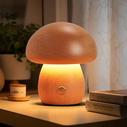 Wooden Mushroom Lamp, Portable Cordless Small Lamp, Rechargeable Battery Operated Lamp,Stepless Dimming, Night Light for Birthday Gifts