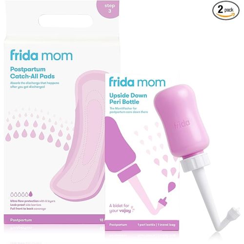 Bundle of Frida Mom Upside Down Peri Bottle + Postpartum Maternity Catch-All Pads for Postpartum Care and Perineal Recovery After Birth
