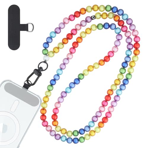 Aolcev Cell Phone Lanyard Universal Beaded Phone Strap Crossbody with Tether Tab Phone Lanyards Acrylic for Around The Neck Multifuctional Cellphone Strap Compatible with Most Smartphones Colorful