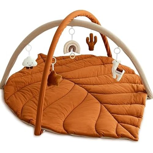 Baby Play Gym with Mat Leaf Shaped, Baby Play Mat with 6 Hanging Toys Tummy Time Mat, Baby Gym Activity Center, Washable (Brown)