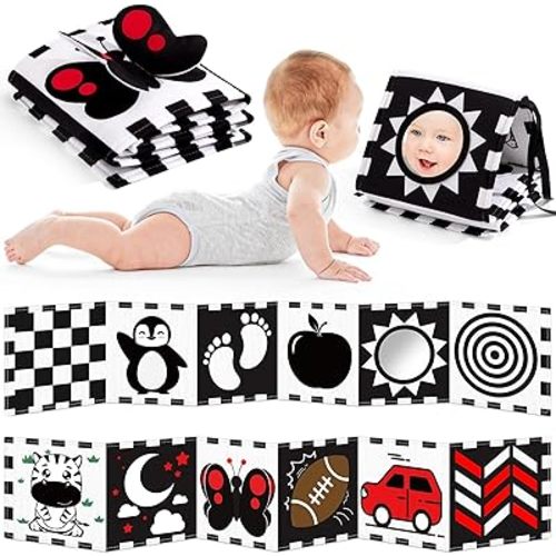 High Contrast Baby Book and Sensory Toy Set for 3 Months – Soft Crinkle Pages, Tummy Time Development, and Safe Mirror for Visual Stimulation – Ideal Newborn Gift for Boys and Girls