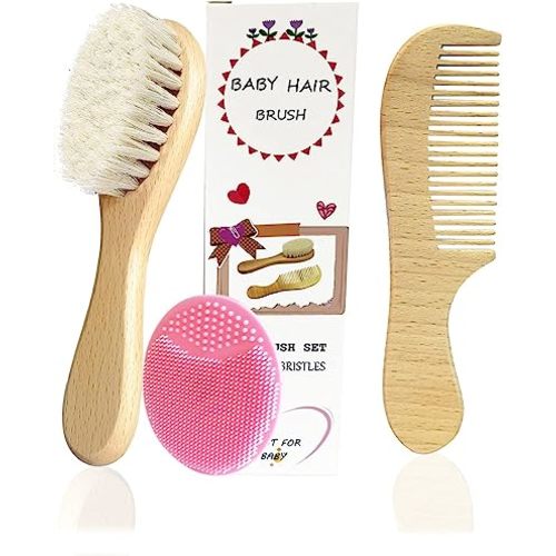 3PCS Baby Hair Brush with Wooden Handle and Comb Set for Newborns & Toddlers | Natural Soft Goat Bristles l Wood comb l Pink Silicone Brush| Ideal for Cradle Cap
